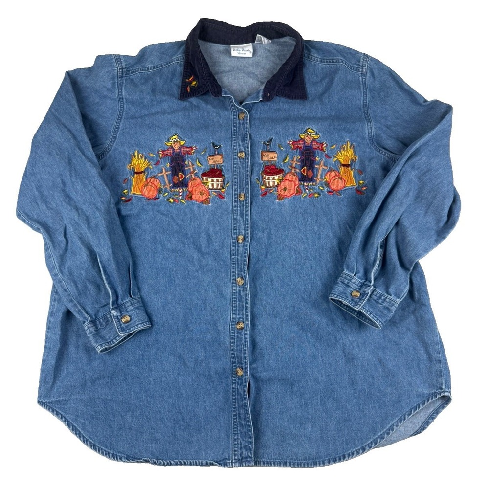 Bobbie Brooks Womens 18W 20W Denim Shirt Fall Scarecrow Pumpkin Embroidered